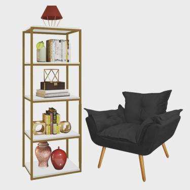 Imagem de Kit Poltrona Fatte com Estante Livreiro Ferro Dourado mdf Branco Suede Preto - Ahazzo Móveis
