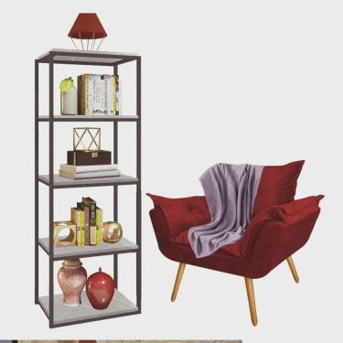 Imagem de Kit Poltrona Fatte com Manta Soft Lilás e Estante Livreiro Ferro Marrom mdf Marmorizado Cinza Suede Vermelho - Ahz Móveis
