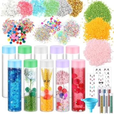 Imagem de Baderke Conjunto de 10 kits de garrafas sensoriais suprimentos de garrafas de plástico vazias funil estrelas de arroz lantejoulas fatias de argila adesivos glitter pó bolas de espuma coloridas para