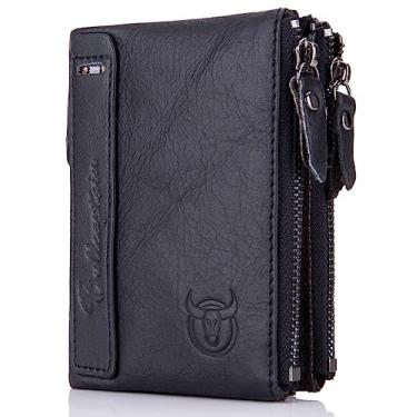 Imagem de BULLCAPTAIN Carteira de couro genuíno masculina vintage dobrável com zíper duplo porta-moedas, Preto, 4.7"x1.2"x3.7"(HxWxL), Casual