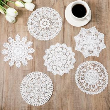Imagem de Doilies de renda para mesas, 6 peças, enfeites de crochê vintage de 15 cm, feitos à mão, jogos americanos de renda, decoração de mesa rústica para cozinha, sala de jantar, decoração de festa de