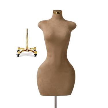 Imagem de Suporte de manequim feminino com cobertura de veludo, manequim plus size com base dourada, modelo curvilíneo de meio corpo, altura ajustável