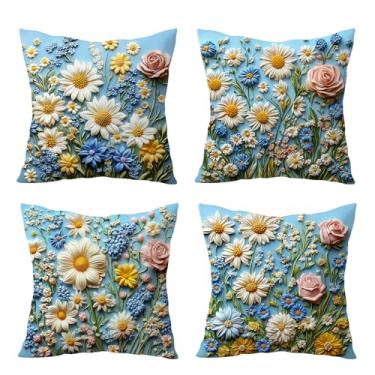 Imagem de LB Conjunto de 4 capas de almofada florais primavera verão 45,7 x 45,7 cm, margarida amarela com folha verde em azul, fronhas decorativas para sofá, sala de estar, sofá-cama
