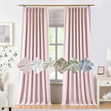 Imagem de Kayne Studio Cortinas blecaute completas plissadas rosa macio, cortinas à prova de som com isolamento térmico para escurecimento de ambiente de mistura de linho, cortinas de janela com aba traseira de