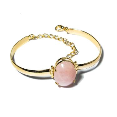 Imagem de Bracelete Quartzo Rosa Pedra Natural Mini Cabochão Dourado