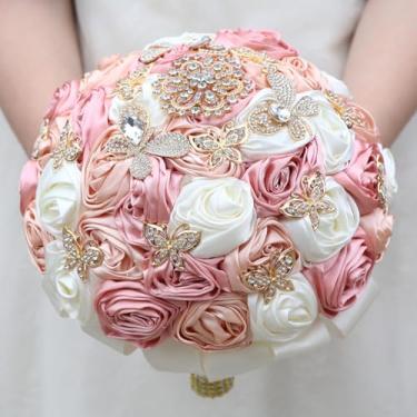 Imagem de Mhojpik Buquê de flores de casamento feito à mão com buquê redondo de rosas artificiais para noiva, dama de honra, casamento, quinze anos (blush, rosa pêssego e marfim, 22 cm)