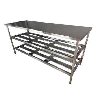 Imagem de Mesa Aço Inox Industrial 160x70x90cm com 2 Prateleiras Fenestradas Nor