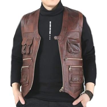 Imagem de Hxsz Colete De Couro Colete De Fotografia Masculina Com Ma Bolsos Marrom Colete Masculino De Motocicleta, Brown, 2XL.