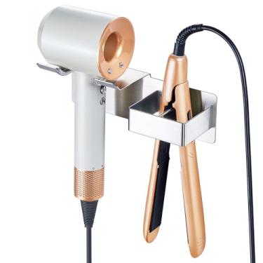 Imagem de Suporte de secador de cabelo montado na parede, suporte de alisador de cabelo de aço inoxidável, suporte adesivo para secador de cabelo e alisador, organizador de ferramentas de cabelo para banheiro e