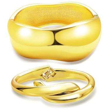 Imagem de RechicGu 2 peças de pulseira banhada a ouro 14 K com gota d'água para presente feminino, dobradiça torcida grossa, irregular, minimalista, larga, dourada, aberta, oval, conjunto de joias, Large, Aço