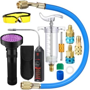 Imagem de Tellegloww Kit de detector de vazamento AC R1234yf R134a R410a Compressor manual de 28.3 g/30 ml Kit injetor de tinta UV de óleo CA Ferramenta de detecção de vazamento de refrigerante acoplador rápido