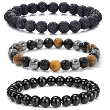 Imagem de Crgwxzl Pulseira masculina com contas cruzadas, 8 mm, conjunto de pulseiras de pedra natural, olho de tigre e pedra vulcânica para homens, preto, proteção obsidia, pulseiras de cristal para homens