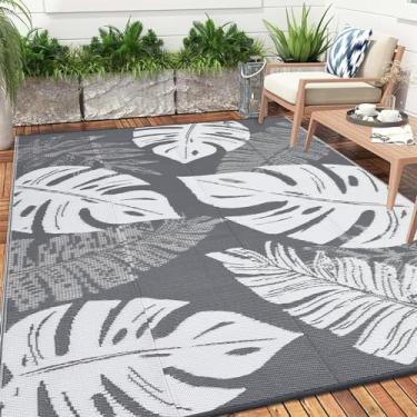 Imagem de COZYLOOM Tapete para ambientes externos, 20 x 25 cm, impermeável, reversível, tapete para ambientes internos e externos, cinza, folha grande, tapete de palha de plástico para pátio, deck, varanda,