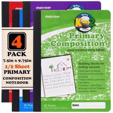 Imagem de Caderno de composição primária Mintra, pacote com 4, cores sortidas, 80 folhas, 19 x 24,8 cm, 1/2 folha, pautado com área de desenho, diário de capa dura flexível, séries K-2, uso escolar e doméstico