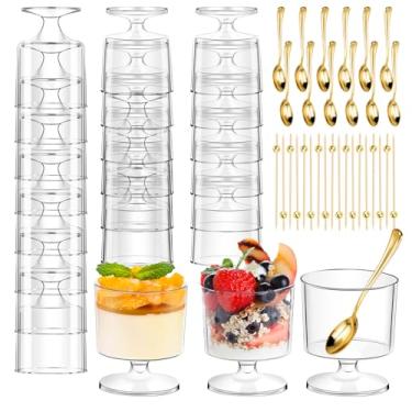 Imagem de DI QIU REN 120 peças de copos de sobremesa de 142 g com colheres douradas, copos de plástico para parfait de sobremesa, copos de pudim de aperitivo transparentes, copos de dose redondos