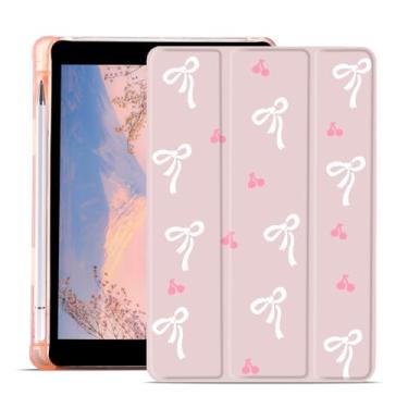 Imagem de AdorableWhimsy Capa estampada com laço rosa para iPad Air 4 2020/iPad Air 5 2022 de 10,9 polegadas com suporte dobrável para despertar/hibernar automaticamente, capa traseira de couro rosa TPU macio