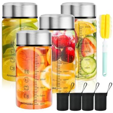 Imagem de Elesunory Pacote com 4 garrafas de suco de vidro de boca larga com tampas de aço inoxidável, recipientes de suco reutilizáveis para sucos, vitaminas e leite