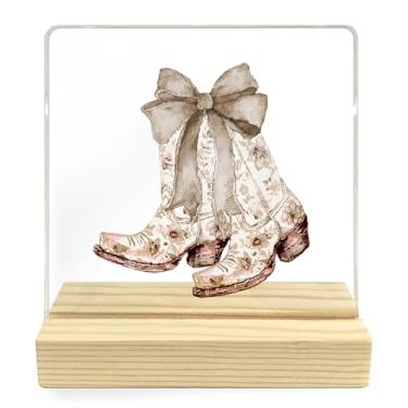 Imagem de Mancheng-zi Decoração de mesa de mesa de faroeste, botas de vaqueira com arco de coquete, placa de acrílico inspiradora para decoração de escritório e casa do sudoeste do oeste