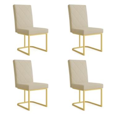 Imagem de Kit 04 Cadeiras de Jantar Estofada Siena Linho Base de Ferro Dourada - Pallazio