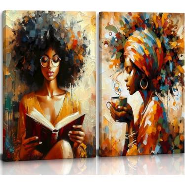 Imagem de Arte de parede de mulher negra moderna abstrata afro-americana livro leitura de tela decoração de parede menina com pinturas de café impressões pôsteres para quarto sala de estar galeria decoração de