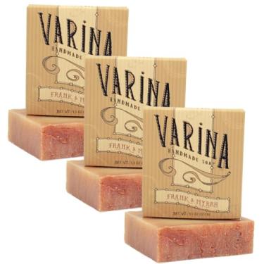 Imagem de Varina Sabonete em barra orgânico Frank and Myrrh – Limpeza suave para peles sensíveis, aromas terrosos – Pacote com 3 – Experimente uma pele saudável e brilhante