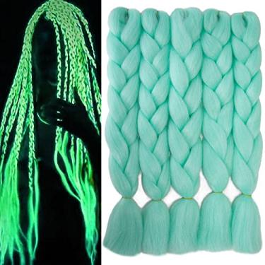 Imagem de Extensões de tranças jumbo de cabelo trançado verde pré-esticado 61 cm 5 peças que brilham no escuro