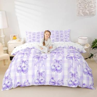 Imagem de Conjunto de capa de edredom infantil com laço cereja tamanho Queen, xadrez geométrico, xadrez, patchwork, decoração de quarto de princesa, gravata borboleta nó roxo, 2 fronhas (sem edredom)