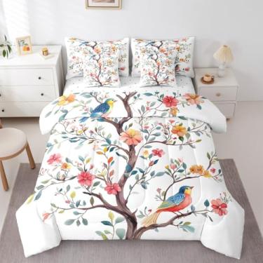 Imagem de Erosebridal Conjunto de cama casal de 7 peças, com estampa de pássaros coloridos, azul, vermelho, pétalas, flores vintage, edredom com lençol com lençol romântico