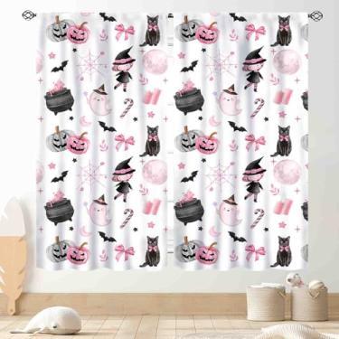 Imagem de Cortinas rosa de Halloween, lindo gato preto bruxo, abóbora, fantasma, teia de aranha, feiticeiro, bruxa, adorável cortina de janela para quarto, sala de estar, cozinha, banheiro, decoração de festa