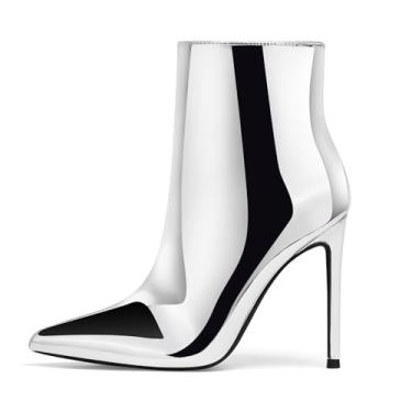 Imagem de GENSHUO Botas de cano curto femininas bico fino 10 cm salto alto com zíper salto agulha botas de outono, Prata metálica., 38