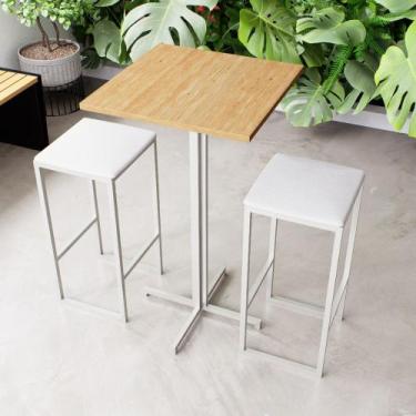 Imagem de Conjunto Mesa Alta Bar Bistrô Quadrada Pinus 2 Bancos Estofado Industr