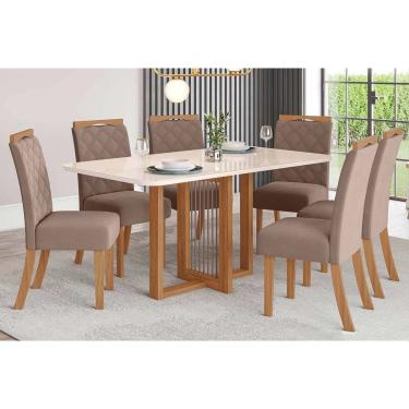 Imagem de Sala de Jantar Completa Natali c/ Tampo Madeirado c/ Vidro Curvo 160x90cm e 6 Cadeiras Bella Nature/Suede Light Marrom Amendoa - Henn
