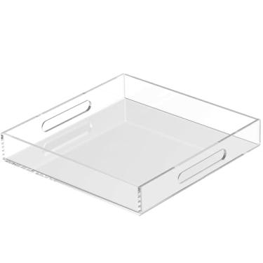 Imagem de Bandeja de acrílico 38 x 38 cm com alças cortadas – a bandeja decorativa à prova de derramamento é um organizador de bancada ideal para salas de estar, mesas de café otomanas, escritórios, cozinhas e