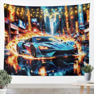 Imagem de jejeloiu Tapeçaria de carro de corrida média 150 x 150 cm arte de parede de corrida de velocidade infantil para quarto e salas de estar, cobertor de pendurar na parede de esportes radicais leve ultra