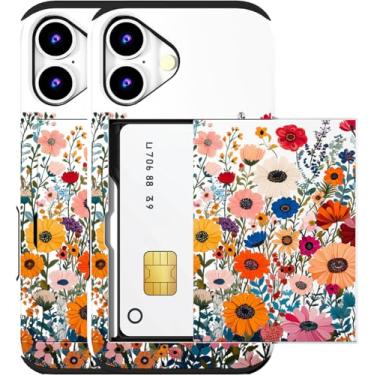 Imagem de MUQR Capa compatível com telefone 17 com porta-cartão fofo - design kawaii, proteção contra quedas de nível militar, capa carteira robusta para mulheres (flores brancas vibrantes)