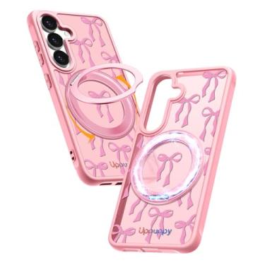 Imagem de Uppuppy Capa para Samsung Galaxy S25 com anel magnético rotativo de 360° - Compatível com MagSafe, material semitransparente macio ao toque, à prova de choque, lindo design de laço de fita rosa para
