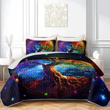 Imagem de AILONEN Conjunto de colcha colorida da árvore da vida com 2 fronhas, tamanho king, colcha de cama de microfibra macia e estética, capa de cama de microfibra leve boho galáxia estrelada para todas as