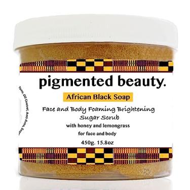 Imagem de Pigmented Beauty - Sabonete preto africano clareador e espuma de açúcar esfoliante para rosto e corpo com mel 450 g