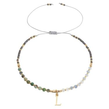 Imagem de Frigotine Pulseiras com inicial de pedra natural com contas douradas para mulheres e adolescentes, boêmio feito à mão cinza preto personalizado contas de pedra turquesa nome da letra pulseira