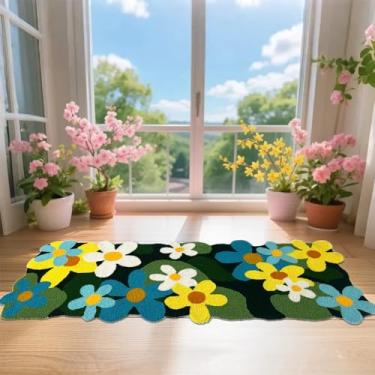 Imagem de Lacomfy Tapete de corredor floral - Tapete verde de verão antiderrapante lavável tapete de área de flores multicoloridas para quarto, sala de estar, cozinha - Tapete rústico feito à mão para casa de
