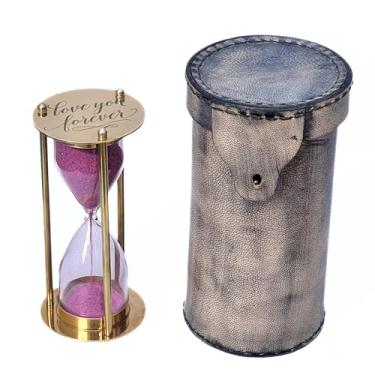 Imagem de Ampulheta de latão brilhante, temporizador náutico de areia marítima com cor de areia rosa e ampulheta gravada, Love You Forever, decoração de prateleira de mesa, dispositivo de manutenção de tempo,