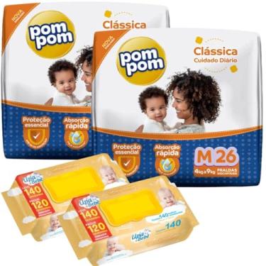 Imagem de Kit 02 Pacotes Fraldas Descartáveis PomPom P M G XG + 280un Lenços Toalhas Umedecidos para Bebê UPA (Médio)