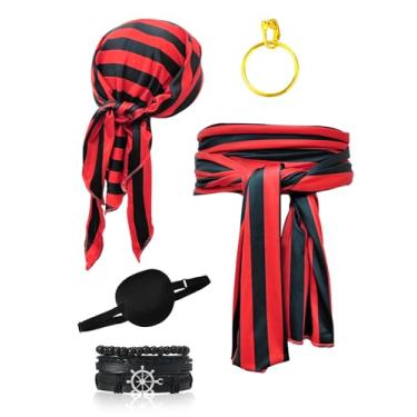 Imagem de Verceco Conjunto de acessórios masculinos de fantasia de pirata para mulheres, bandana para cabeça, cachecol, faixa, cinto, joias de pirata, 5 peças, Vermelho e preto, Tamanho Único