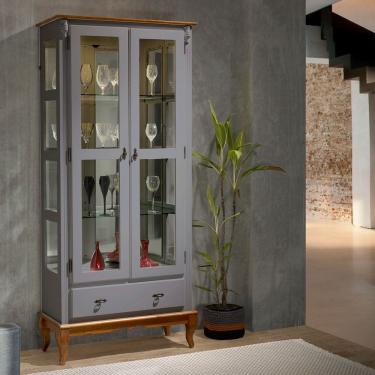 Imagem de Cristaleira com Espelho e LED 2 Portas 3 Prateleiras e Laterais em Vidro 60303EL Linz Móveis - Cinza/Imbuia Glazer