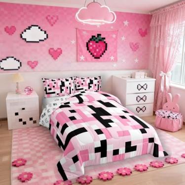 Imagem de Sandbox Pixelated Miners Kids Bedding Set Queen Size,Video Games Game Gamepad Comforter Set，Geometric Grid Square Quilt Comforter,Black Pink White Bedroom Duvet Insert,2 Pillowcases