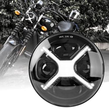 Imagem de RIASDY Farol de motocicleta de 14,6 cm Branco X DRL Hi/Lo Beam Motocicleta LED Farol Apto para Indian Scout Dyna Wide Glide XL1200 XG750 883 48 Night Road etc