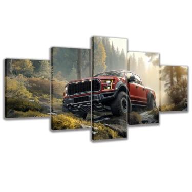 Imagem de Impressão de arte em tela de caminhonete vermelha na selva, 5 peças de pintura de parede de carro para concessionária de carros de sala de estar (Art-1, moldura pequena de 101 x 50 cm)
