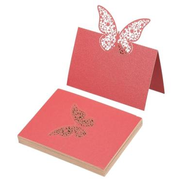 Imagem de PATIKIL 50 peças de cartões de casamento, corte a laser, borboleta de mesa, cartões de visita dobrados, cartões de nome para mesa de casamento, recepção de buffet, vermelho perolado