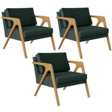 Imagem de Kit 03 Poltronas Pietra Estrutura L02 Linho Verde Musgo - LYAM DECOR