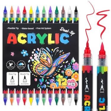 Imagem de Craiiby Marcadores de tinta acrílica de ponta dupla de 12 cores, canetas acrílicas permanentes à base de água com ponta fina e pincel para pintura rupestre, tela, vidro, madeira, cerâmica, tecido